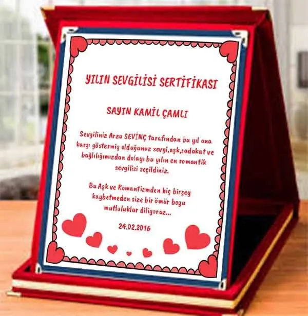 Yılın Sevgilisi Sertifikası Plaketi