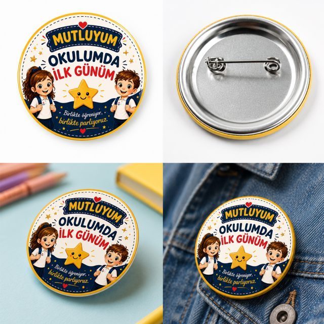 Okulun ilk günü rozeti farklı açılardan ürün detayları ve kullanım örnekleri ile 44 mm metal yaka rozeti.