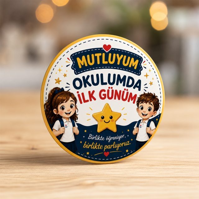 Okulun ilk günü için tasarlanmış 44 mm metal yaka rozeti, kaliteli baskı ve dayanıklı iğneli yapı özellikleriyle.