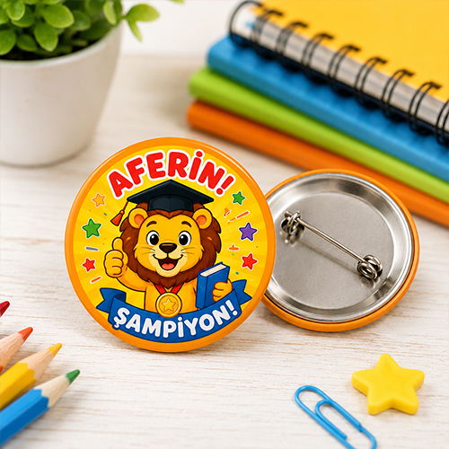 Aslan figürlü Aferin Şampiyon öğrenci ödül rozeti 44 mm iğneli tasarım