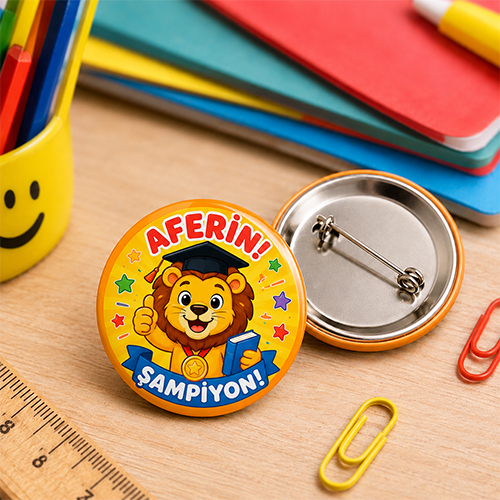 Aferin Şampiyon yazılı aslan tasarımlı 44 mm iğneli öğrenci başarı rozeti