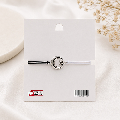 Ay Yıldız Charm Detaylı Beyaz Siyah Ayarlanabilir İpli Bileklik