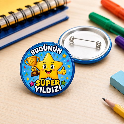 Kupa tutan yıldız figürlü Bugünün Süper Yıldızı 44 mm öğrenci motivasyon rozeti
