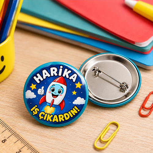 Harika İş Çıkardın yazılı roket tasarımlı 44 mm iğneli öğrenci rozeti