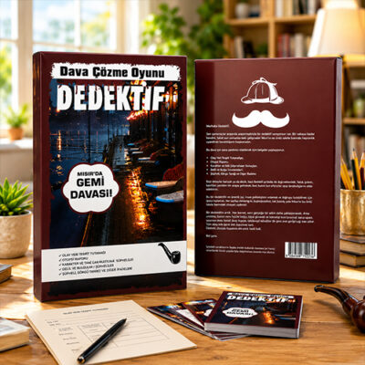 Aydınlık çalışma ortamında Mısır'da Gemi Davası dedektif dava çözme oyunu kutuları ve oyun belgeleri
