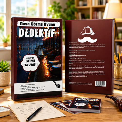 Aydınlık çalışma ortamında Mısır'da Gemi Davası dedektif dava çözme oyunu kutuları ve oyun belgeleri