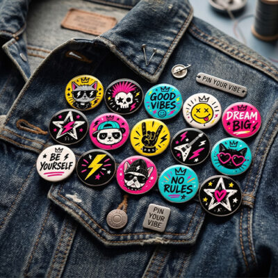 Mavi denim kot ceket yakasına iğnelenmiş Good Vibes, No Rules ve rock temalı parlak yuvarlak rozetler