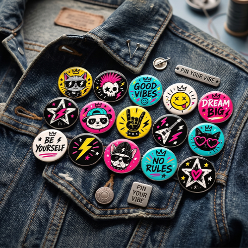 Mavi denim kot ceket yakasına iğnelenmiş Good Vibes, No Rules ve rock temalı parlak yuvarlak rozetler